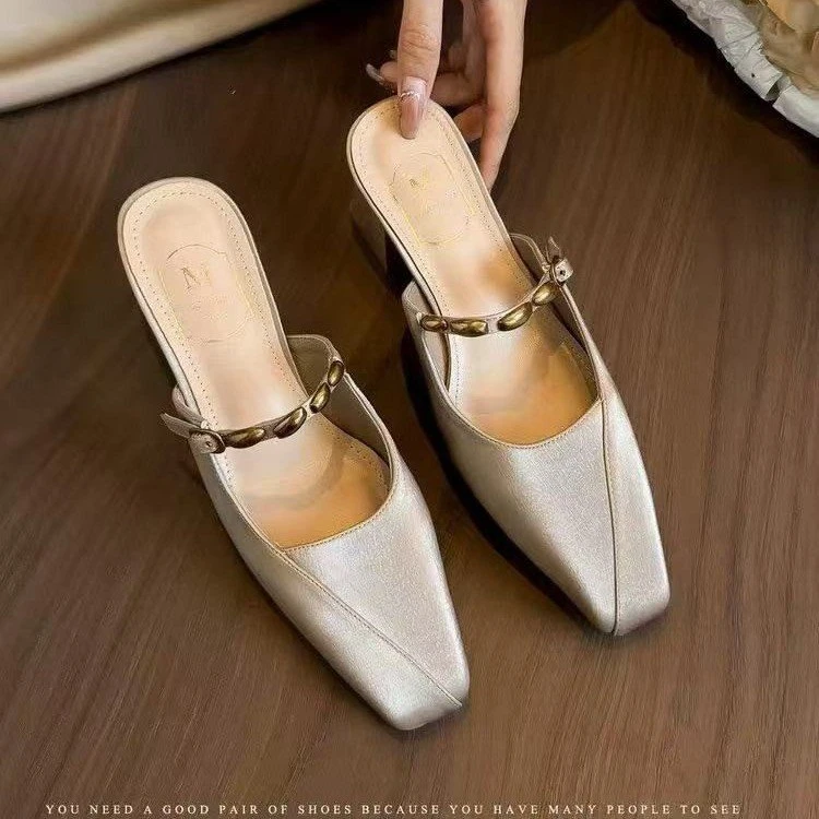 无后跟方头穆勒鞋包头凉拖鞋女外穿2025夏季新款时尚拖鞋粗跟半拖