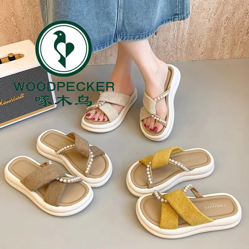 啄木鸟孕妇防滑法式珍珠厚底凉拖鞋女夏季外穿2025新款高级感绝美