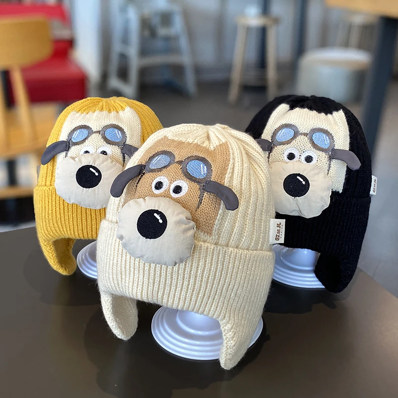 飞机狗儿童帽子秋冬款保暖护耳帽宝宝针织帽韩系男女童毛线套头帽
