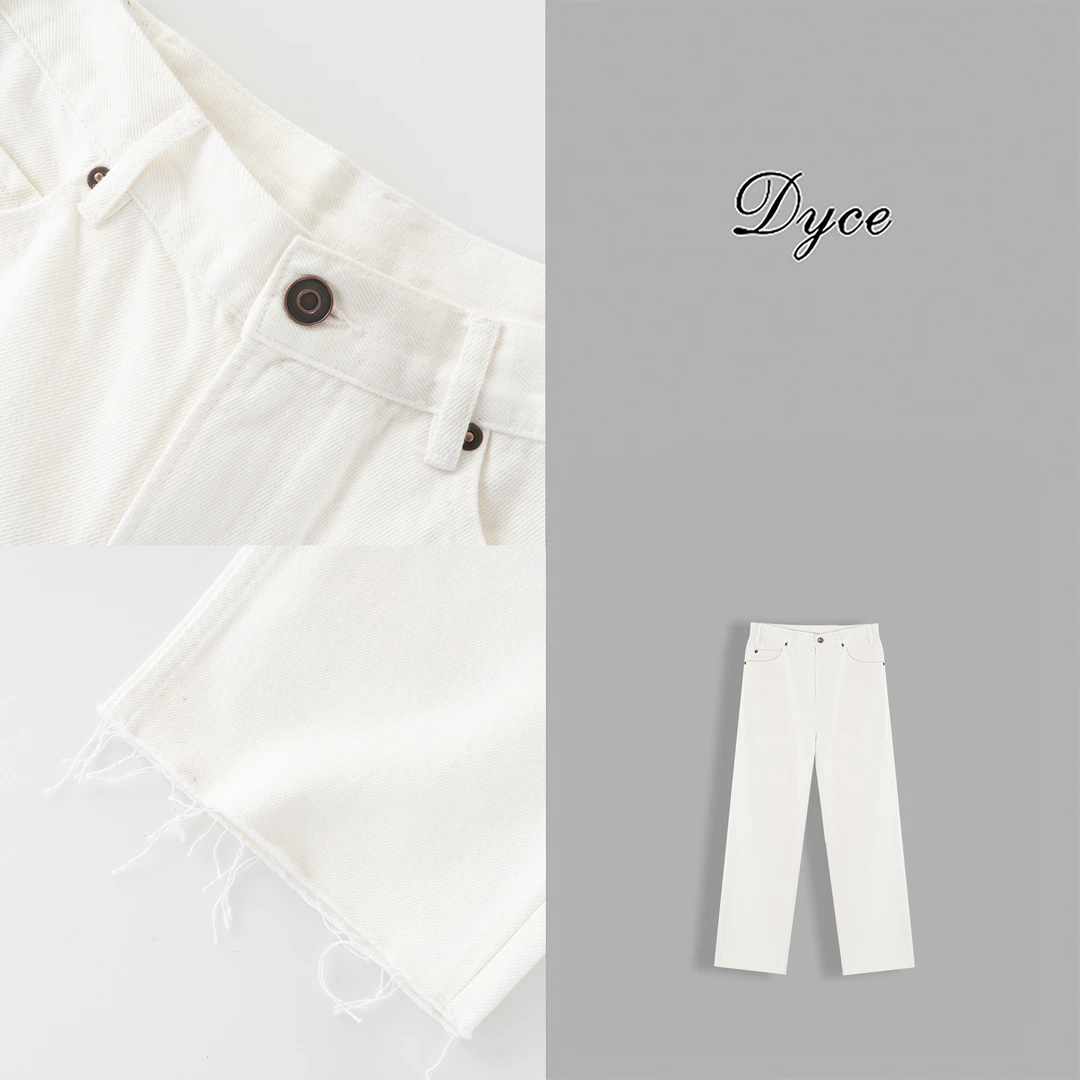 散边时尚显瘦直筒版型白色阔腿牛仔裤