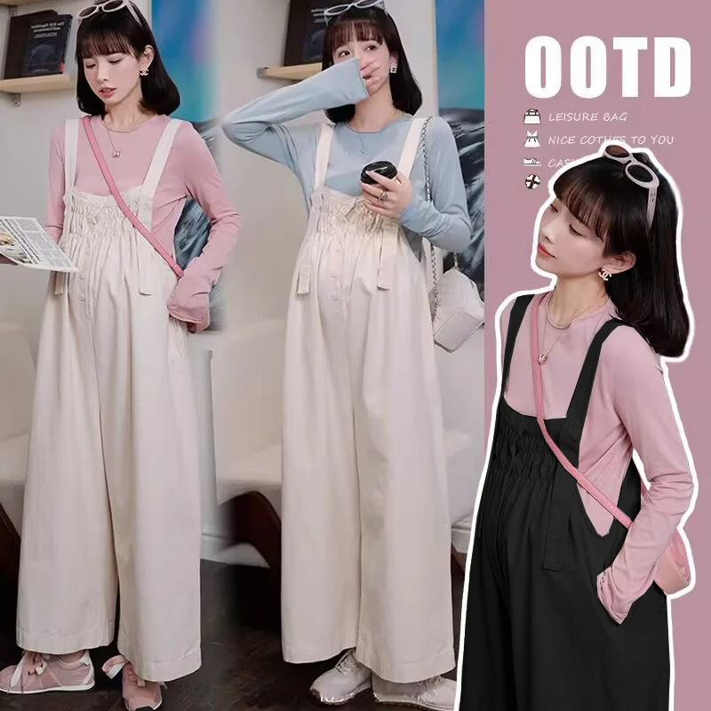 2025孕妇装秋季新款背带裤多巴胺长袖上衣春秋季新款宽松减龄显瘦