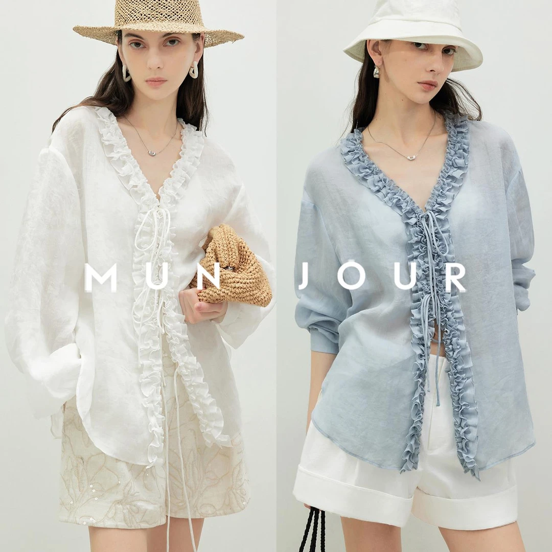 【达人专属】Chao轻薄舒凉亚麻&苎麻法式浪漫轻透木耳边V领绑带衬衫