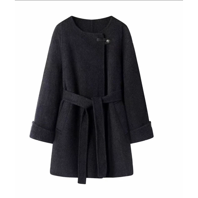 2025秋冬新款高端双面毛呢大衣单粒扣腰带中长款百搭气质大衣