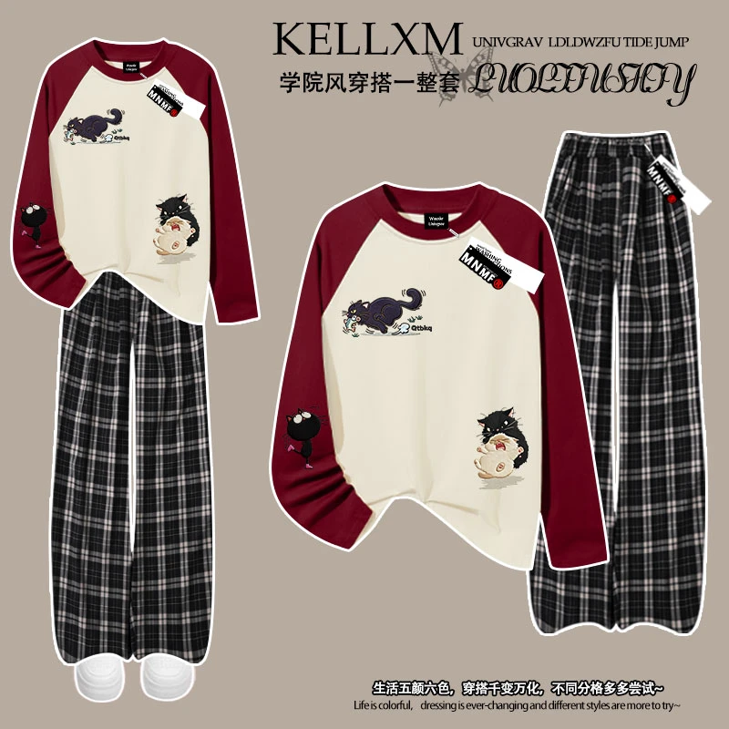 日系卡通毛绒感仿刺绣猫咪女童插肩长袖t恤格子裤套装洋气两件套