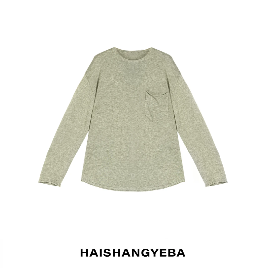 【海上叶爸】新款2025秋冬百搭羊毛圆领宽松单口袋简约通勤毛衣