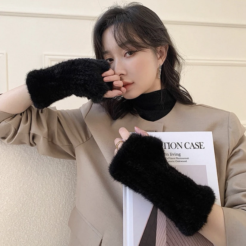 【水貂毛半指手套】真毛水貂毛双面编织加厚秋冬漏指护腕手套