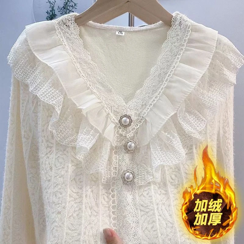 蕾丝甜美衬衫女2025春夏新款木耳边时尚小衫洋气减龄显瘦遮肉上衣