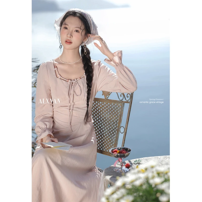 鹿向南「伈粉佳人」气质粉红色连衣裙收腰裙子女L529153