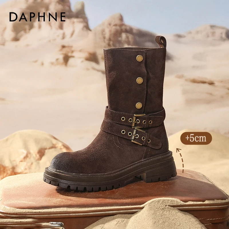 达芙妮复古西部牛仔靴女款2025冬季新款加绒马丁靴两穿厚底骑士靴