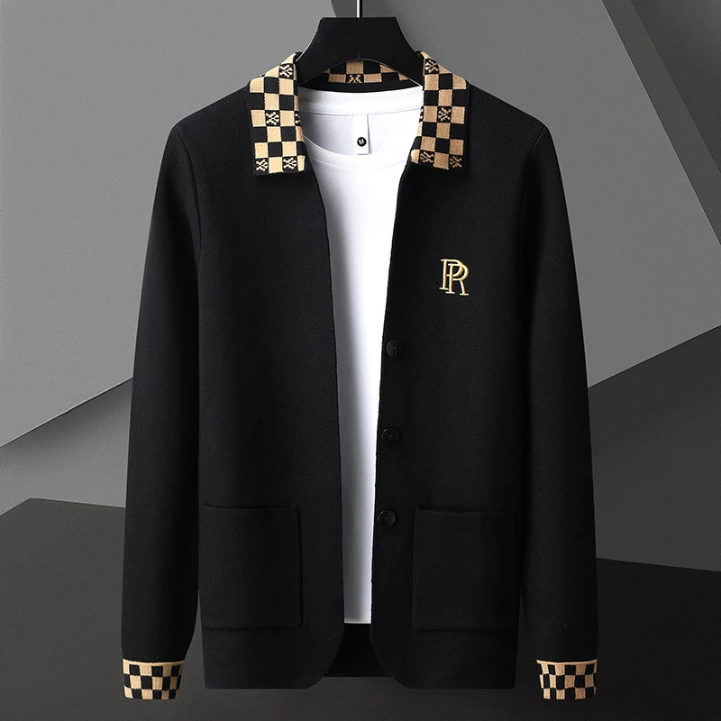 凯邦威春秋季男士棋盘格针织毛衣开衫外套百搭翻领休闲时尚夹克