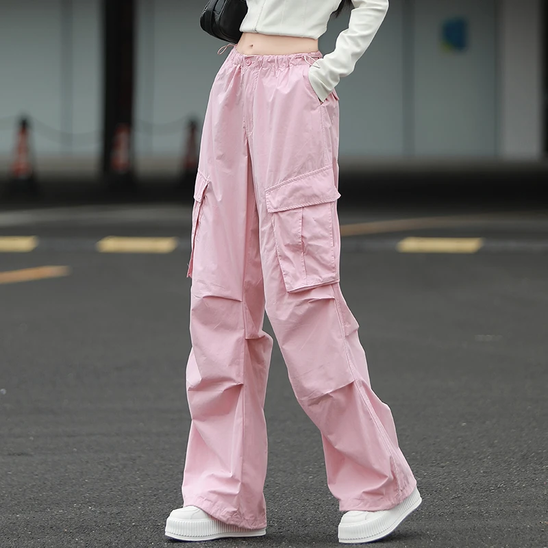 粉色美式工装裤女夏季2025新款显瘦束脚酷飒风休闲阔腿裤褶皱裤子