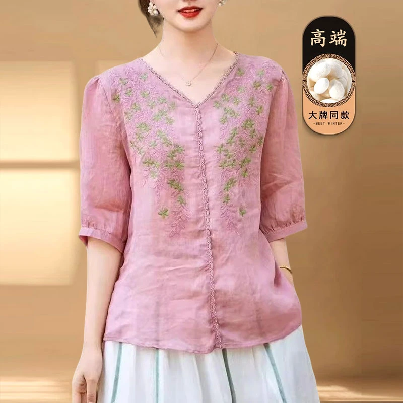 夏季时尚新款亚麻衬衫宽松V领时尚气质刺绣T恤衫薄款上衣女装上衣