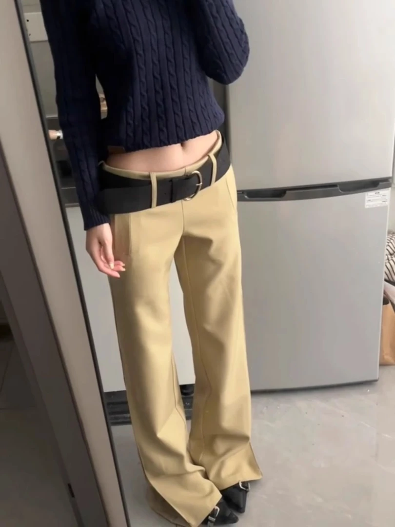 美式咖色中腰休闲裤女秋冬加绒加厚微喇裤垂感阔腿裤长裤拖地裤子