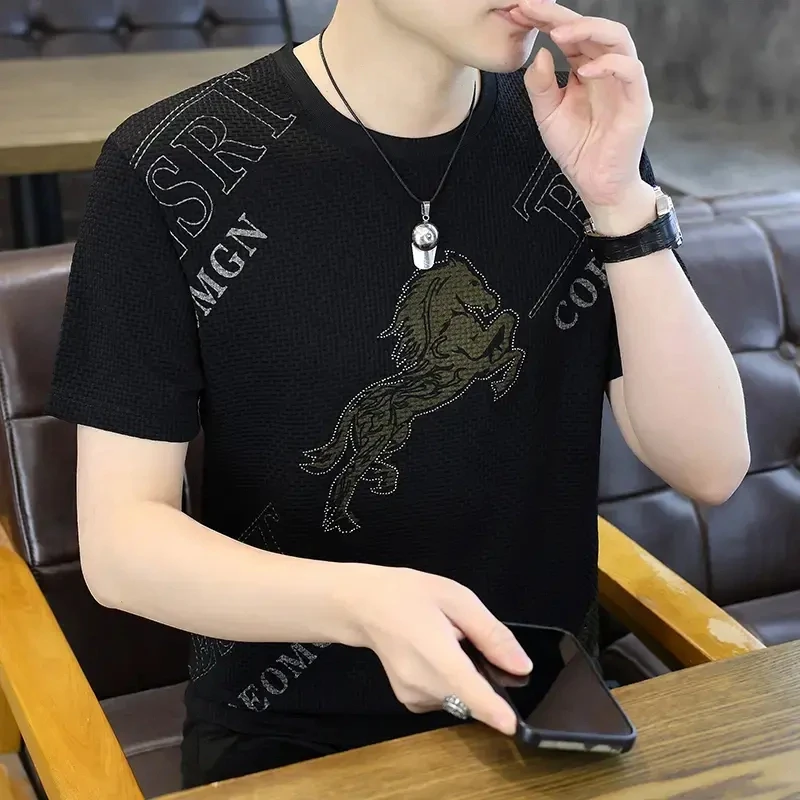 男士冰丝短袖t恤夏季新款轻奢潮T高品质潮流休闲圆领半袖体恤男装