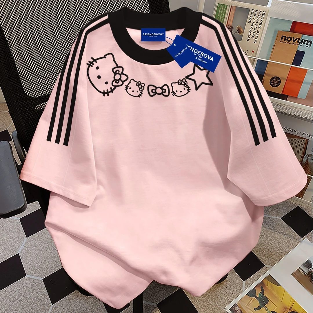 100%纯棉美式设计猫咪三条杠短袖学生t恤夏季宽松中长款上衣ins潮