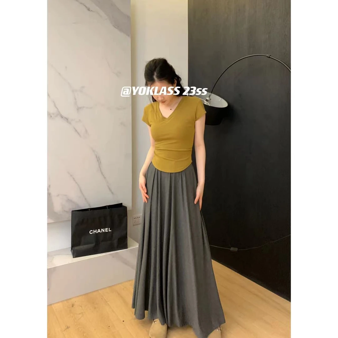 王少女YOKLASS 【清清】深花灰色a字松紧腰百褶半身裙 B01513S32
