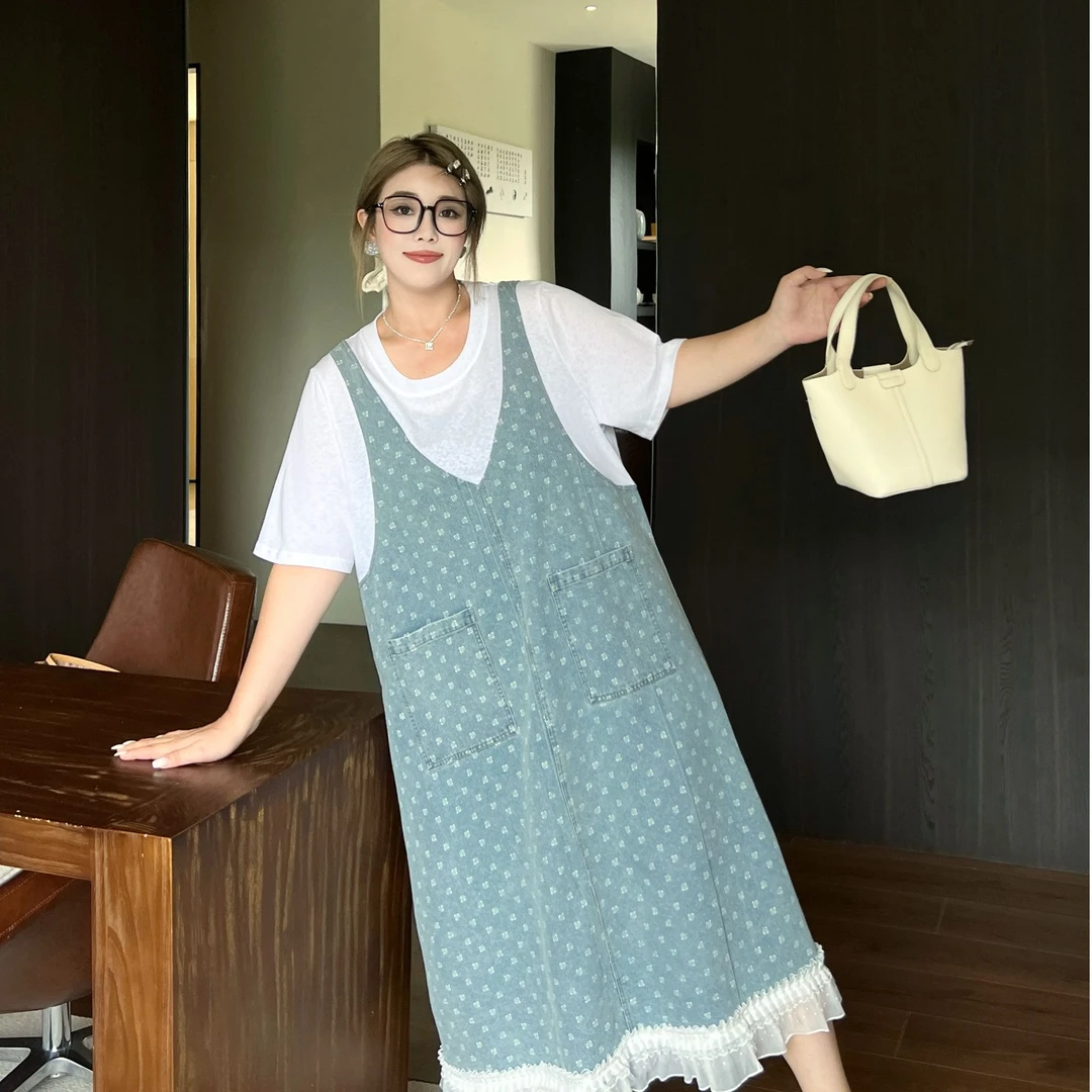 媛子大码假两件牛仔裙拼接荷叶边老钱风胖mm夏季休闲高质感穿搭