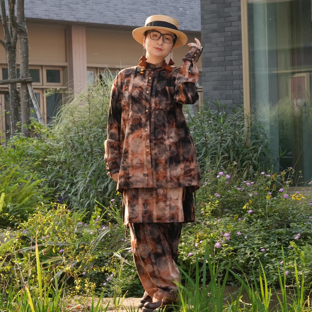 禾记年/原创【君清】立领国风新中式衬衣套装百搭宽松复古泥染工艺
