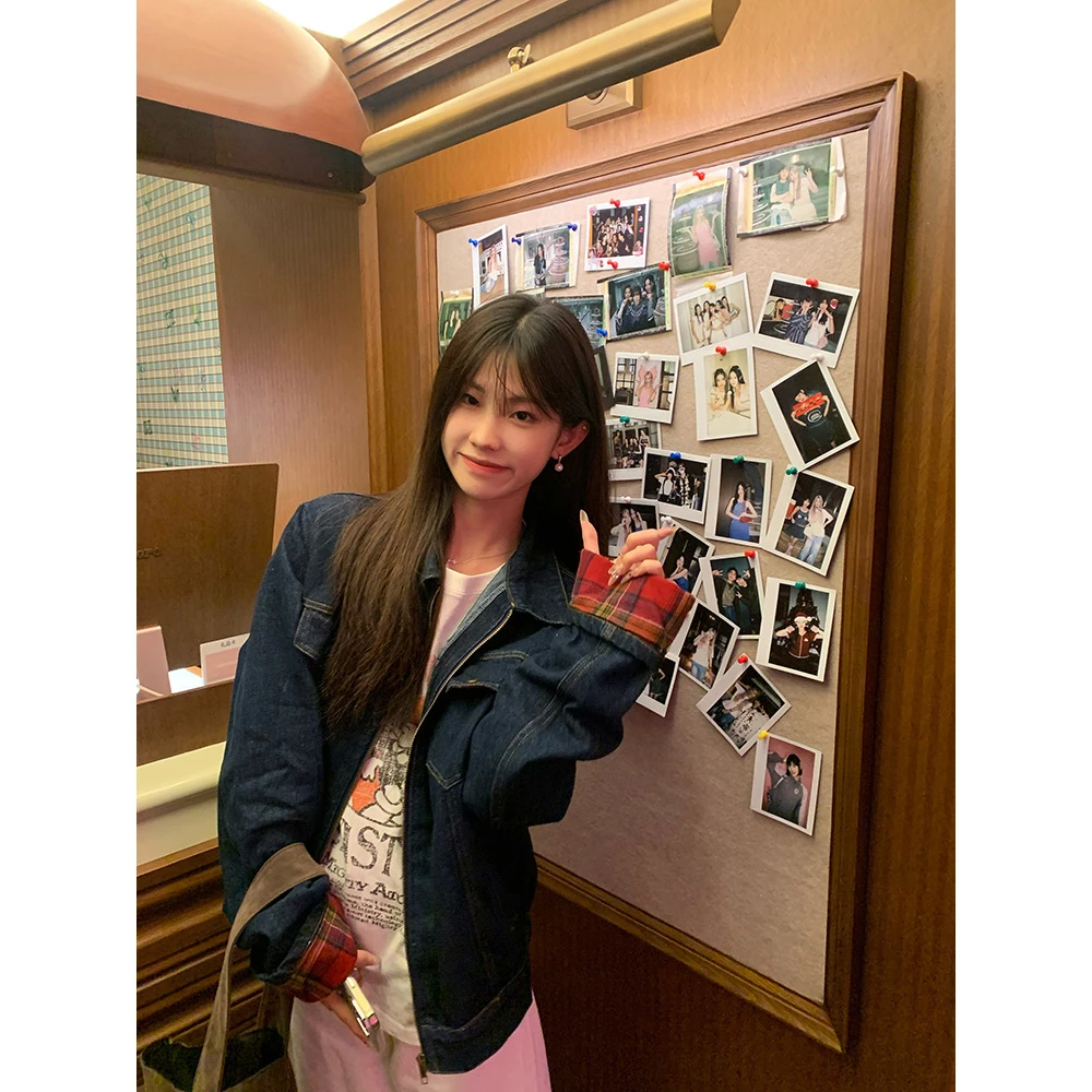 美式复古格纹拼接牛仔外套女春秋季穿搭宽松ins百搭潮流休闲夹克