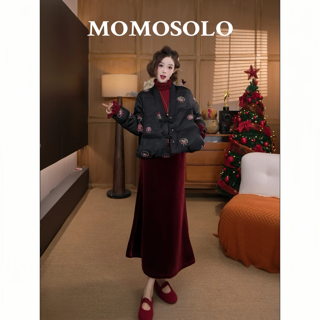 •红墙•2025冬金丝绒鎏金偏超显瘦鱼尾裙休闲弹力腰中长裙259913