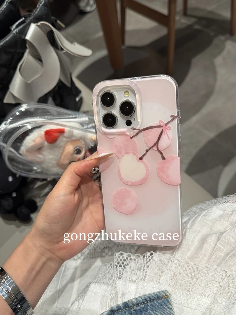 韩系粉色晕染荔枝油画适用16Promax手机壳13保护套15大孔14少女12