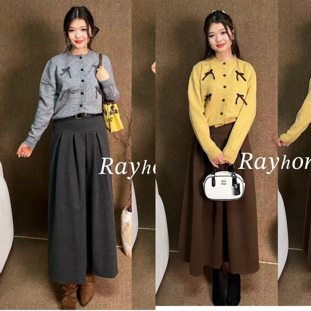 现货Rayhon秋冬复古风针织开衫毛衣搭配高腰百褶半身裙新款套装