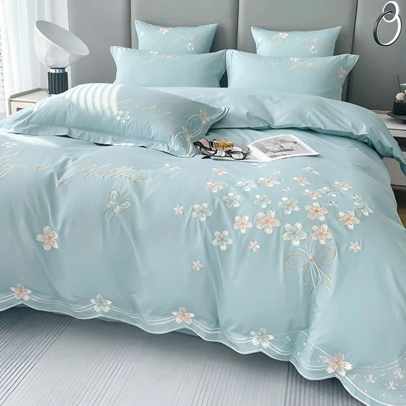 富安柏高端A类纯棉长绒棉床单四件套刺绣花全棉被套家纺床上用品4