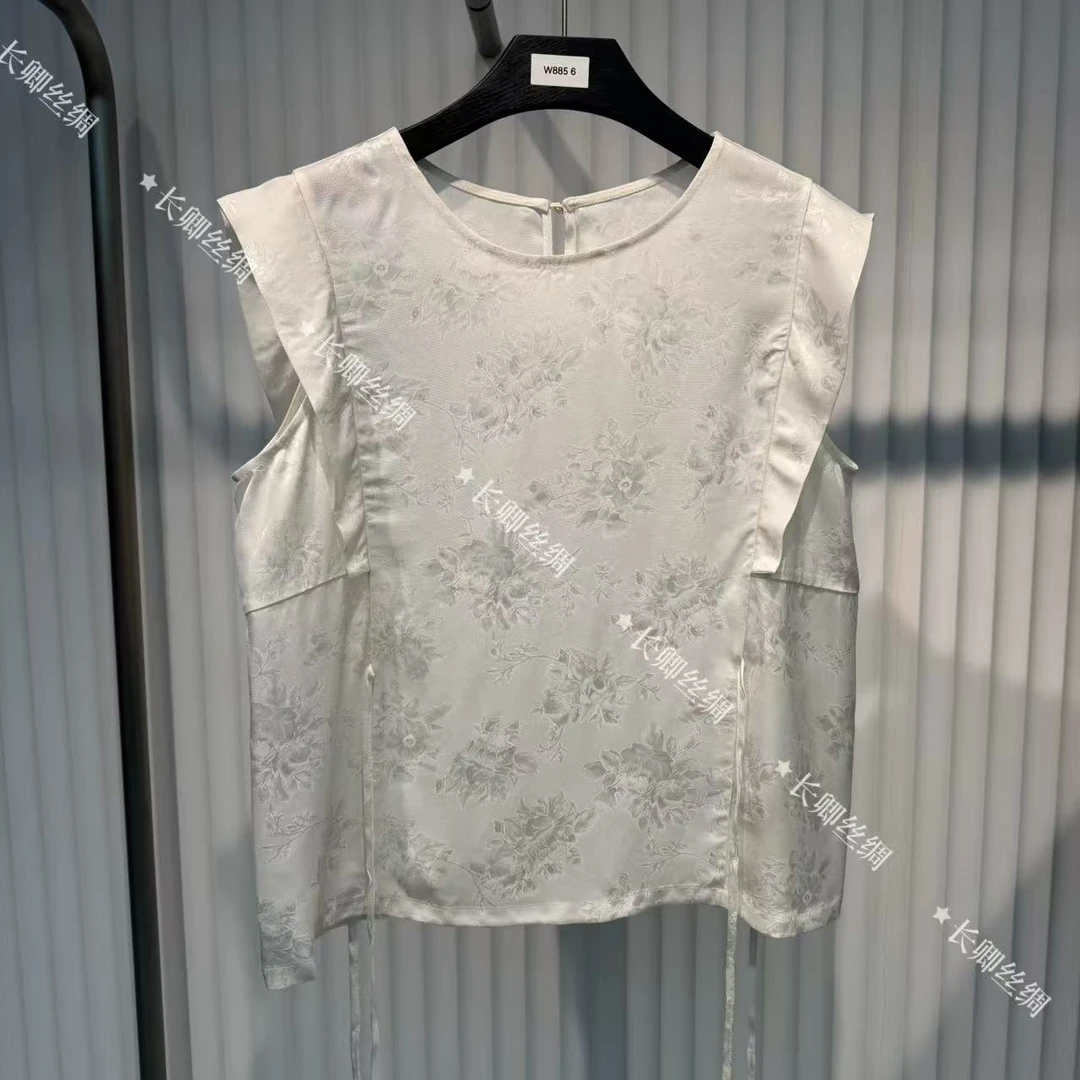 【长卿】新中式国风花萝白色小飞袖时尚休闲百搭上衣小衫W971