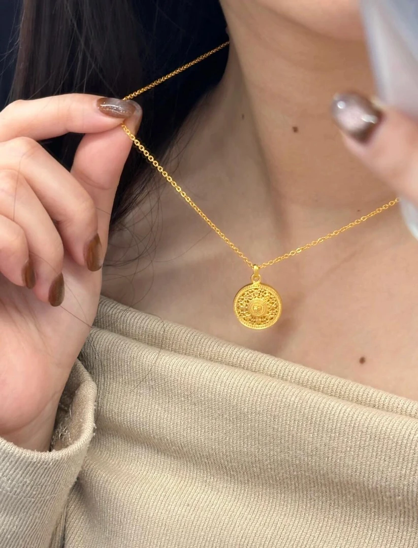 铜合金项链 气质时尚款镀24K金古法喷砂复古双面八宝罗盘项链