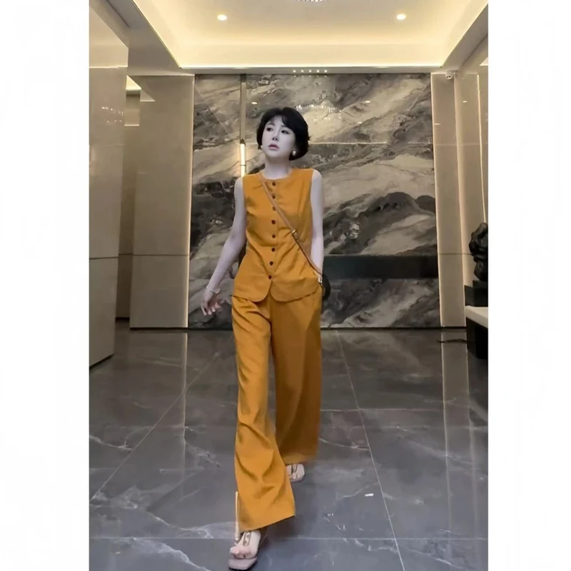 天丝亚麻套装女2025夏新款韩版时尚收腰老钱风马甲+九分裤两件套