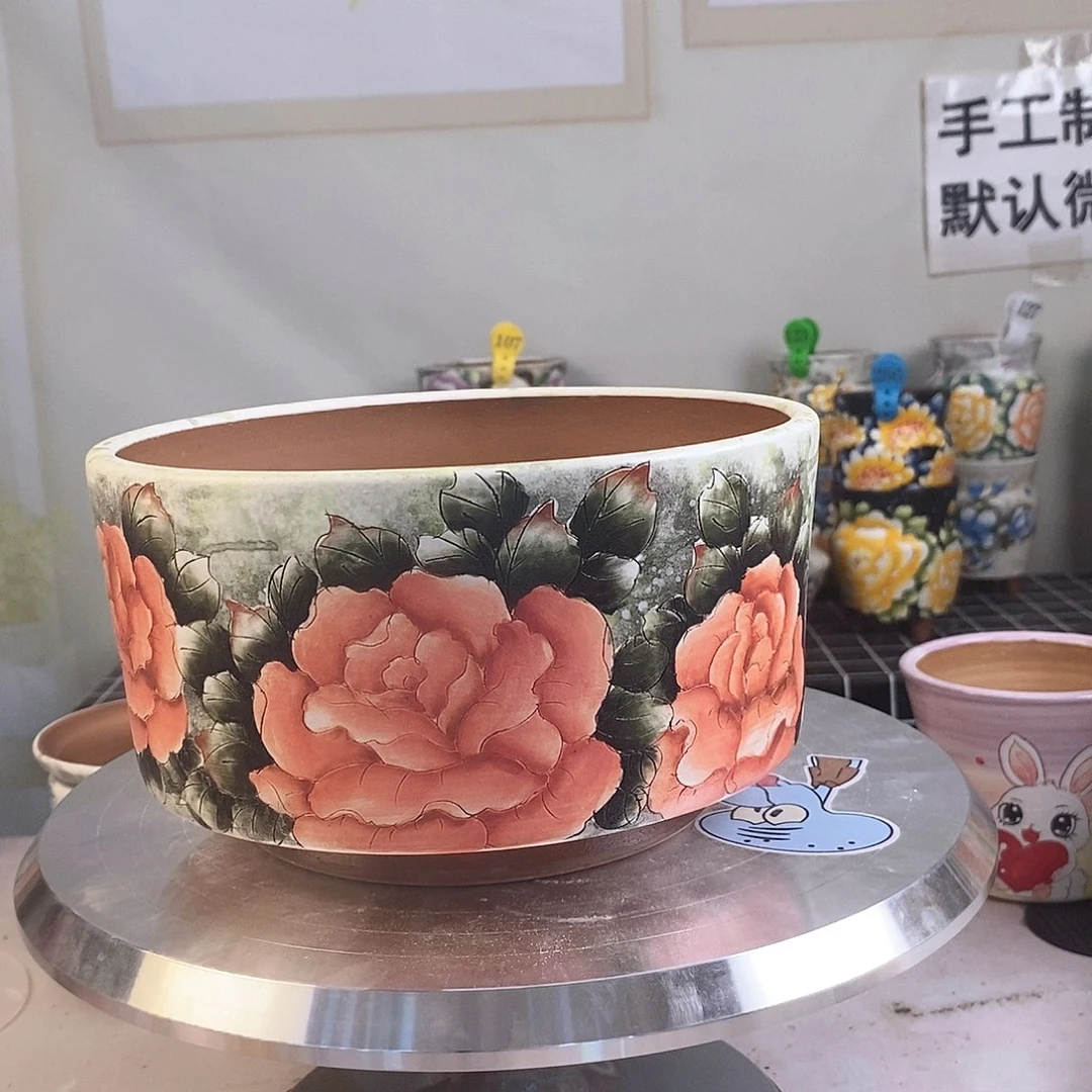 红泥花盆小*熊红陶手绘花盆