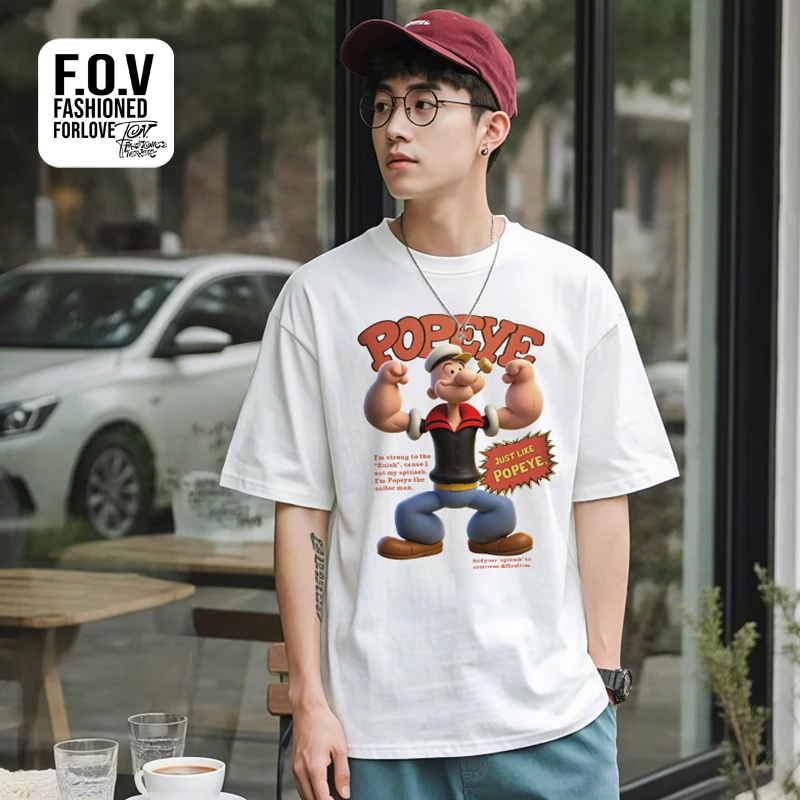 男士短袖爆款2025新款半袖男t恤短袖男纯棉100%美式大力水手举手