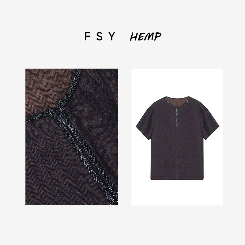 【半拉链手工钉珠】复古鱼骨纹色织汉麻亚麻女士半拉链小衫2025003