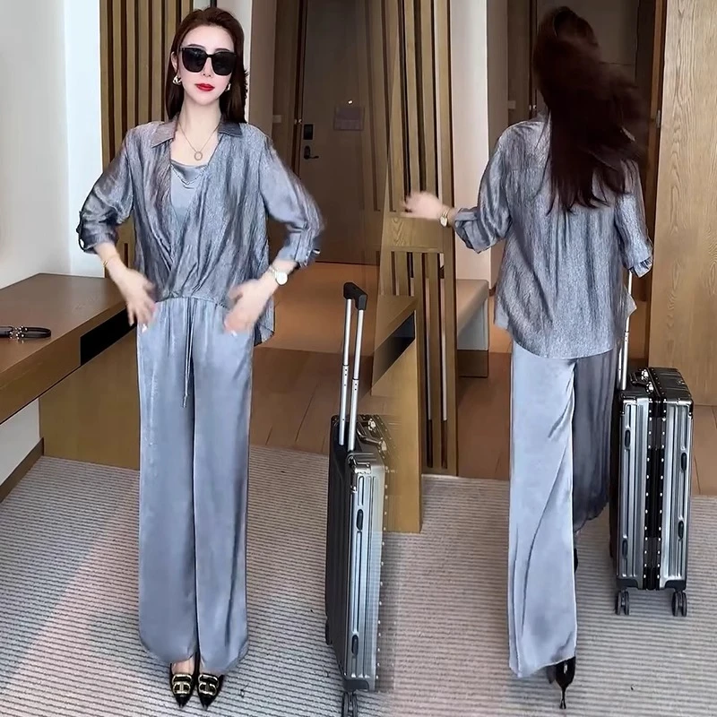 时尚休闲套装女2025春夏新款洋气显瘦长袖衬衫吊带阔腿裤三件套潮