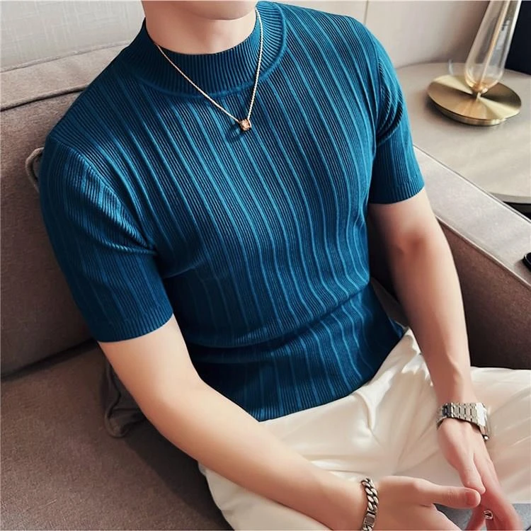 半高领短袖毛衣男春夏高级感潮流修身针织打底衫中领潮牌毛线上衣