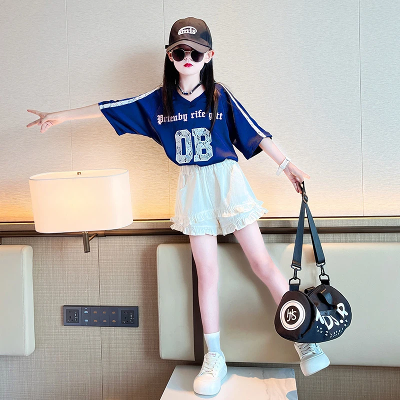 女童套装夏装2025新款儿童夏季女孩短裤T恤两件套大童运动6-12岁