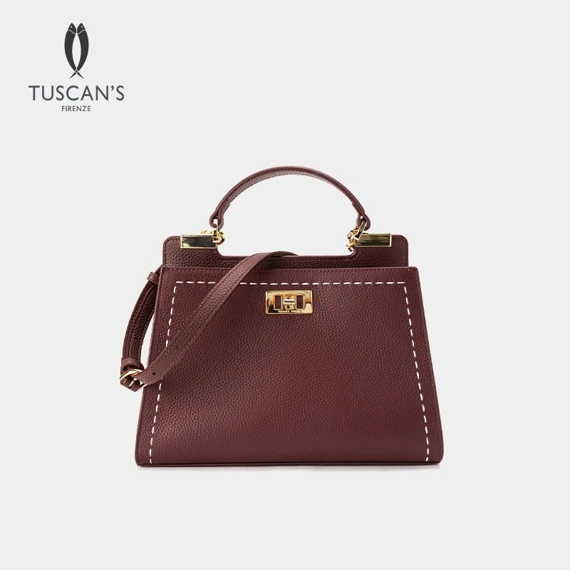 TUSCANS时代双鱼安可拉红拧锁外缝单肩牛皮斜挎包