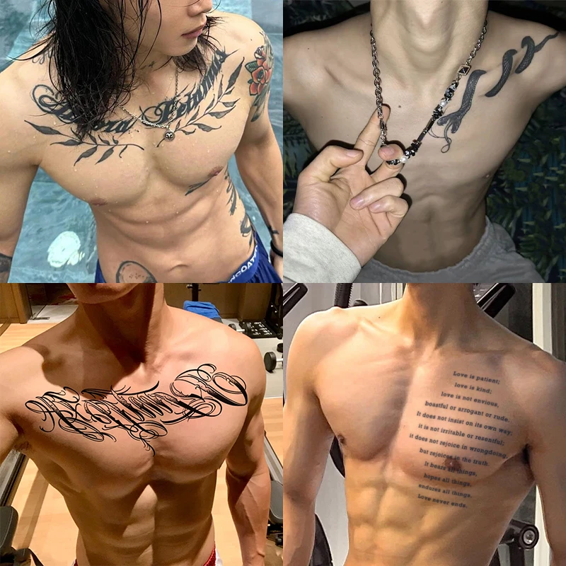 花胸英文花体字 纹身贴草本半永久高级帅气防水逼真胸部纹身贴纸