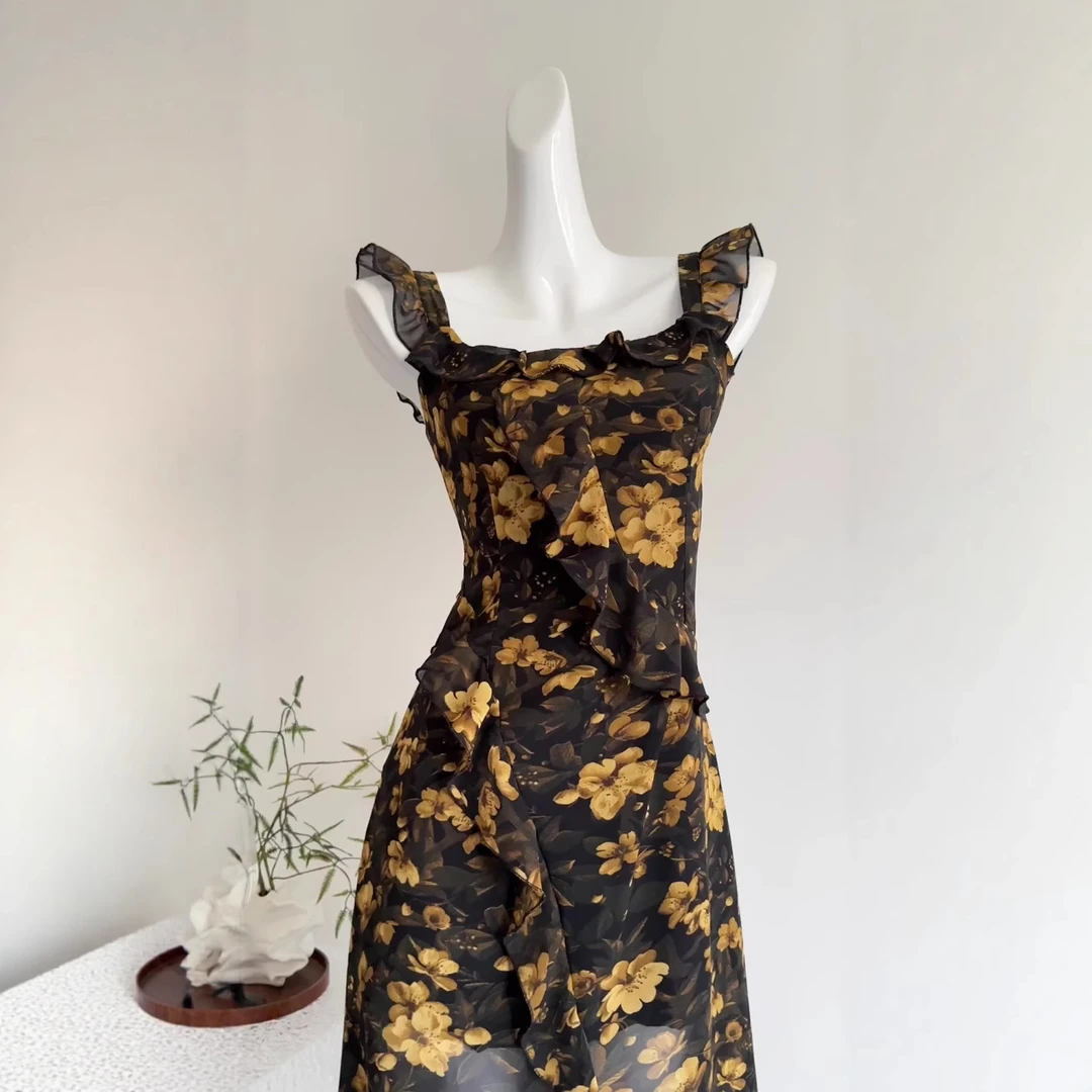 连衣裙吊带女士碎花拼接长裙法式印花夏季时尚花色时尚性感显瘦