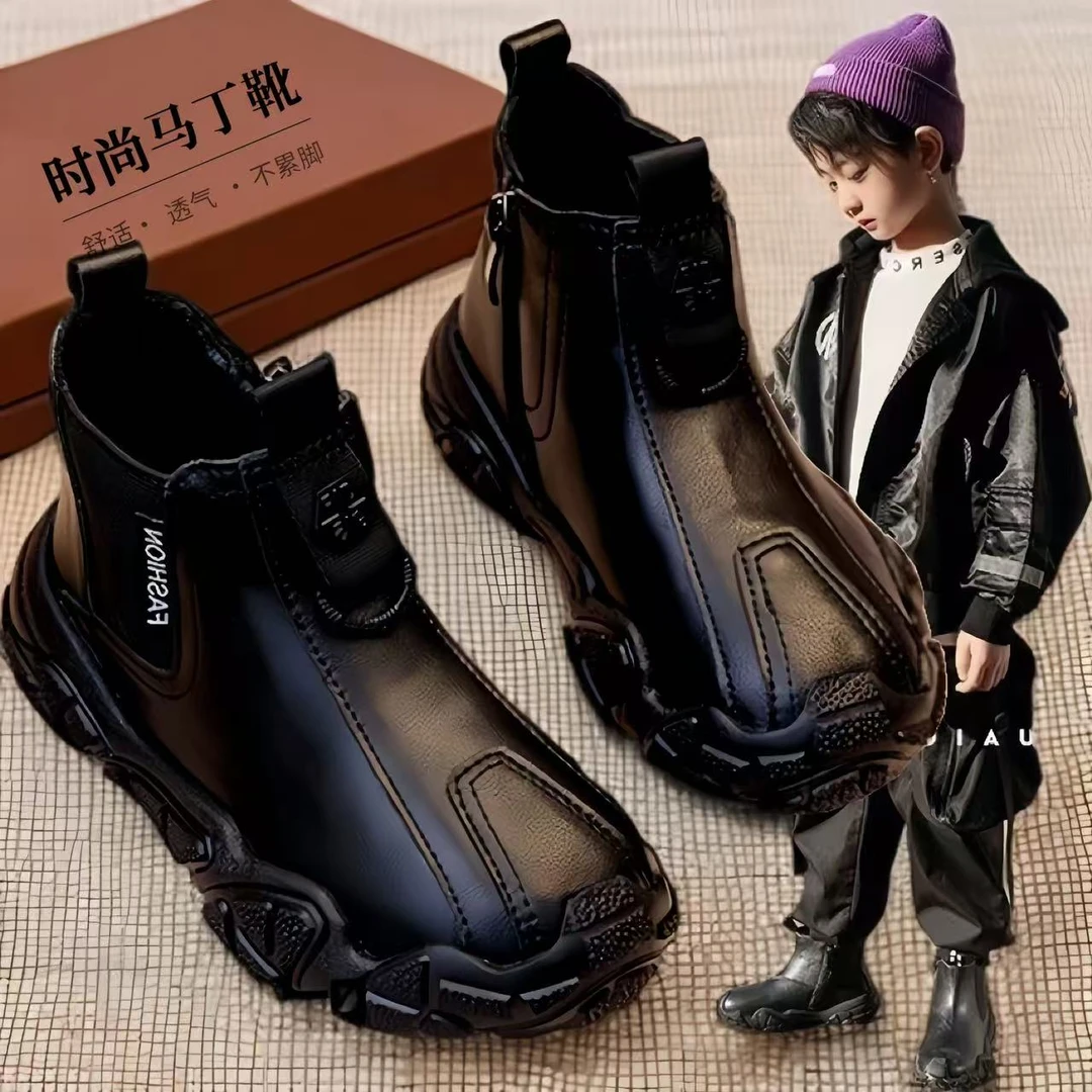 男童棉鞋2025秋冬季加绒皮面加厚保暖中大童皮靴儿童马丁靴子真皮