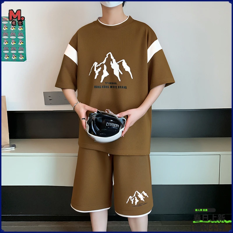 男士休闲运动短袖T恤套装夏季薄款宽松短裤搭配一套穿搭帅气衣服