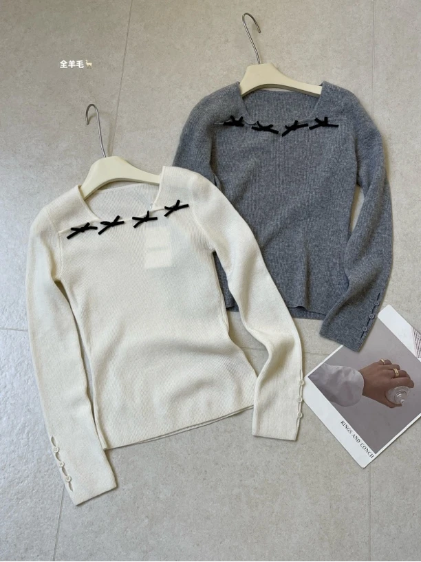 【秋冬新款】MT'方领蝴蝶结全羊毛衣'  简约通勤扎花方领毛衫百搭