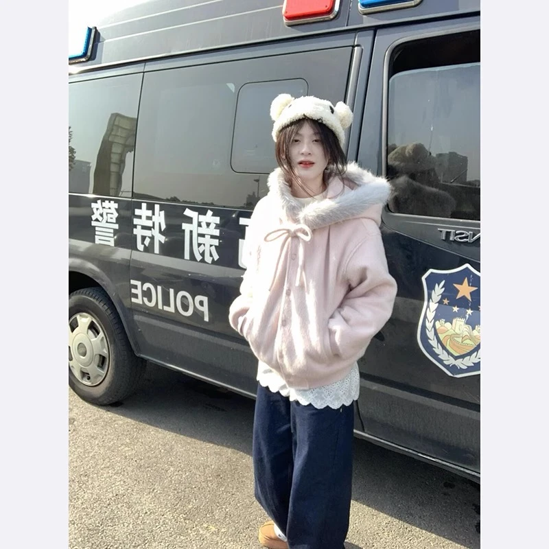 2025春秋新款温柔甜美粉色毛领连帽毛呢外套女韩系学院风卫衣夹克