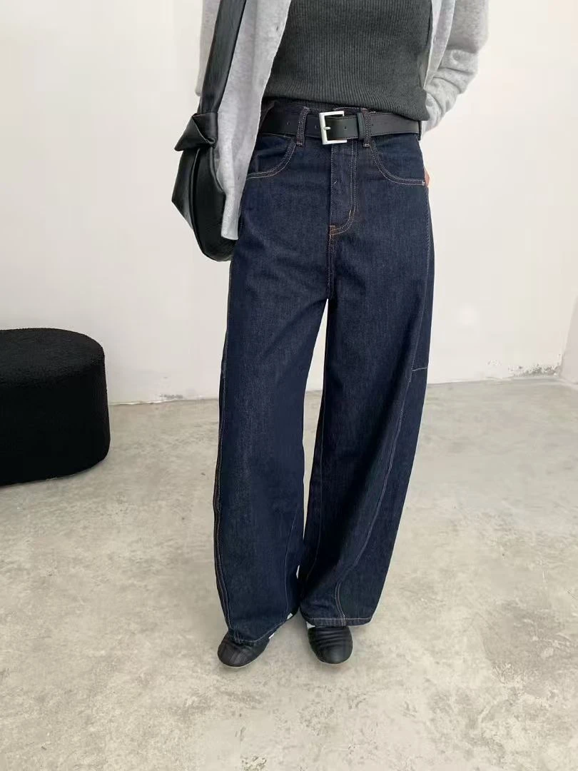 2025年新款秋冬萝卜裤湾刀牛仔女裤阔腿裤蓝色秋冬哈伦