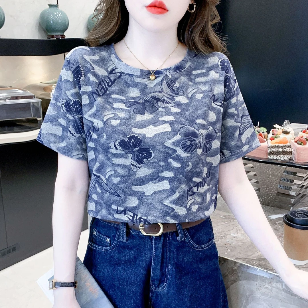 短袖t恤女2025夏季圆领女士T恤洋气薄款宽松蝴蝶印花欧货新款上衣