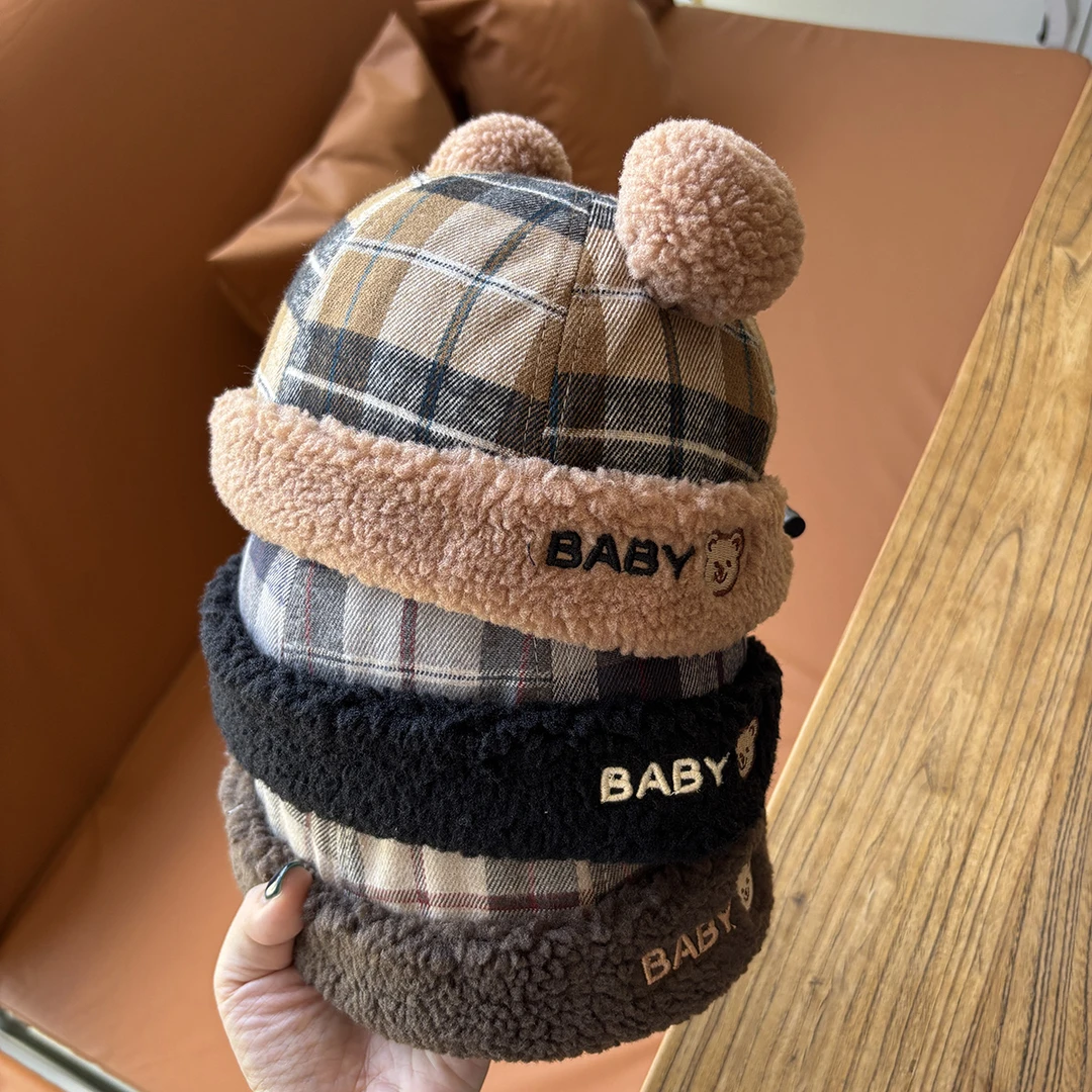 儿童帽子秋冬季保暖毛绒格子布双球儿童地主帽1-3岁男童宝宝帽子