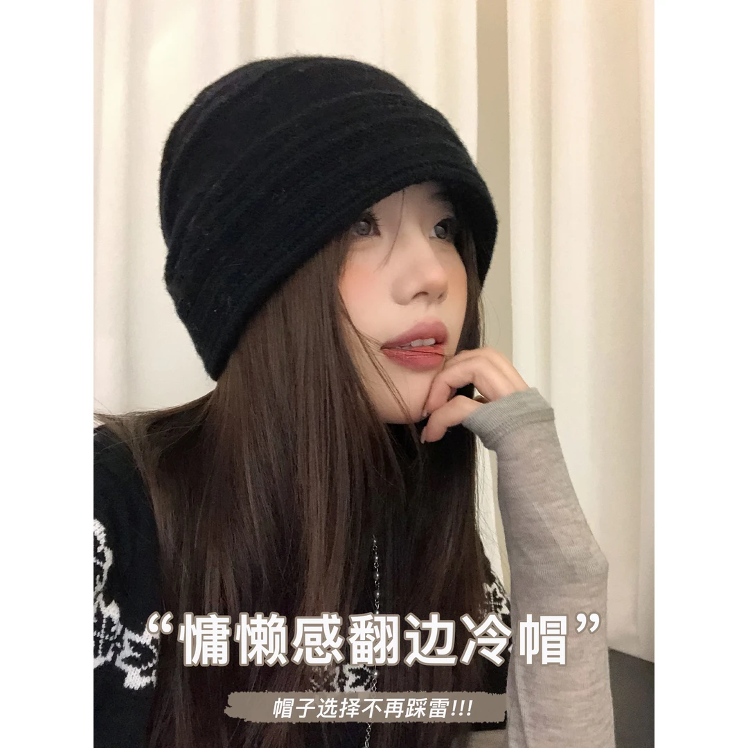 冷帽女冬大头围包头帽100%羊毛翻边复古褶皱百搭护耳显脸小堆堆帽