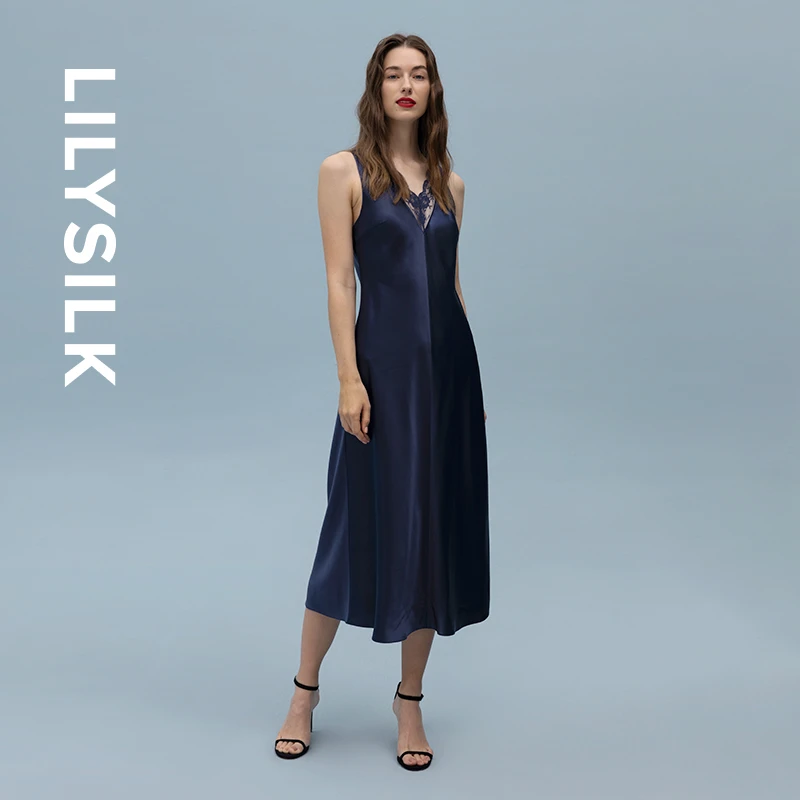 莉莉秀客真丝吊带连衣裙V领气质蕾丝显瘦中长款a字裙礼服