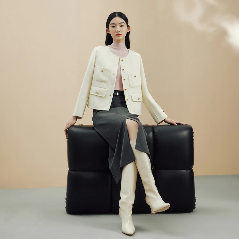 【专柜同款】圆领小香风气质显瘦双面呢短大衣