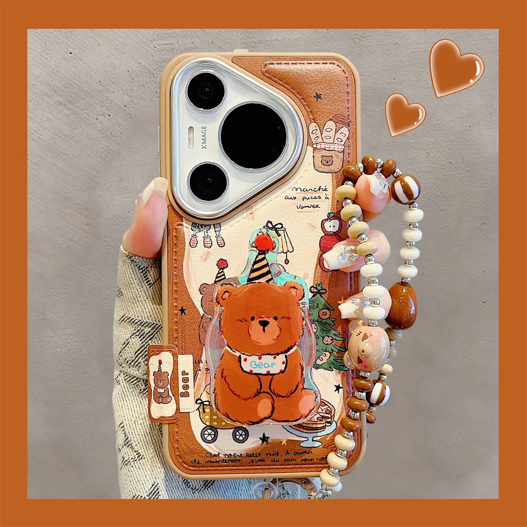 适用华为pura70pro+手机壳可爱棕色圣诞树小熊手链pura80pro皮质